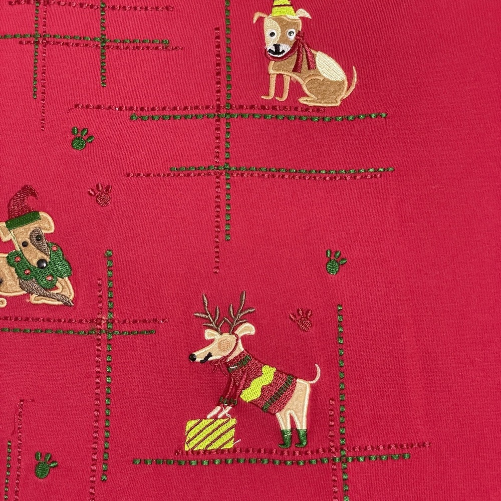 Vtg Womens Christmas Shirt Dogs Gifts XL Red Embroidered Grannycore Cropped Cute